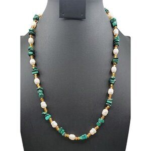 Baroque Pearls Chunky Malachite Station Necklace Glass Bead Spacers 23" Beaded